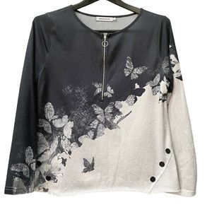 Misslook Black Gray Butterfly Sweater Top zippered Womens XL